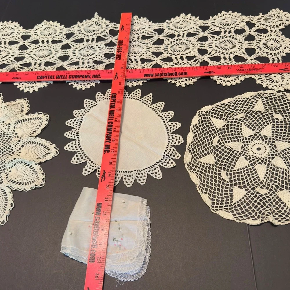 Vintage Crochet Doily Table Runner Handmade Lace 5pc Mixed Set Cottagecore Chic